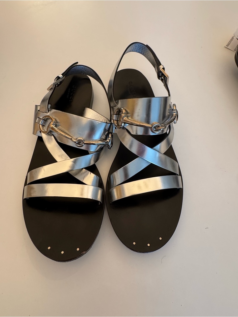 Gucci Metallic Silver Leather Cross-Strap Sandals